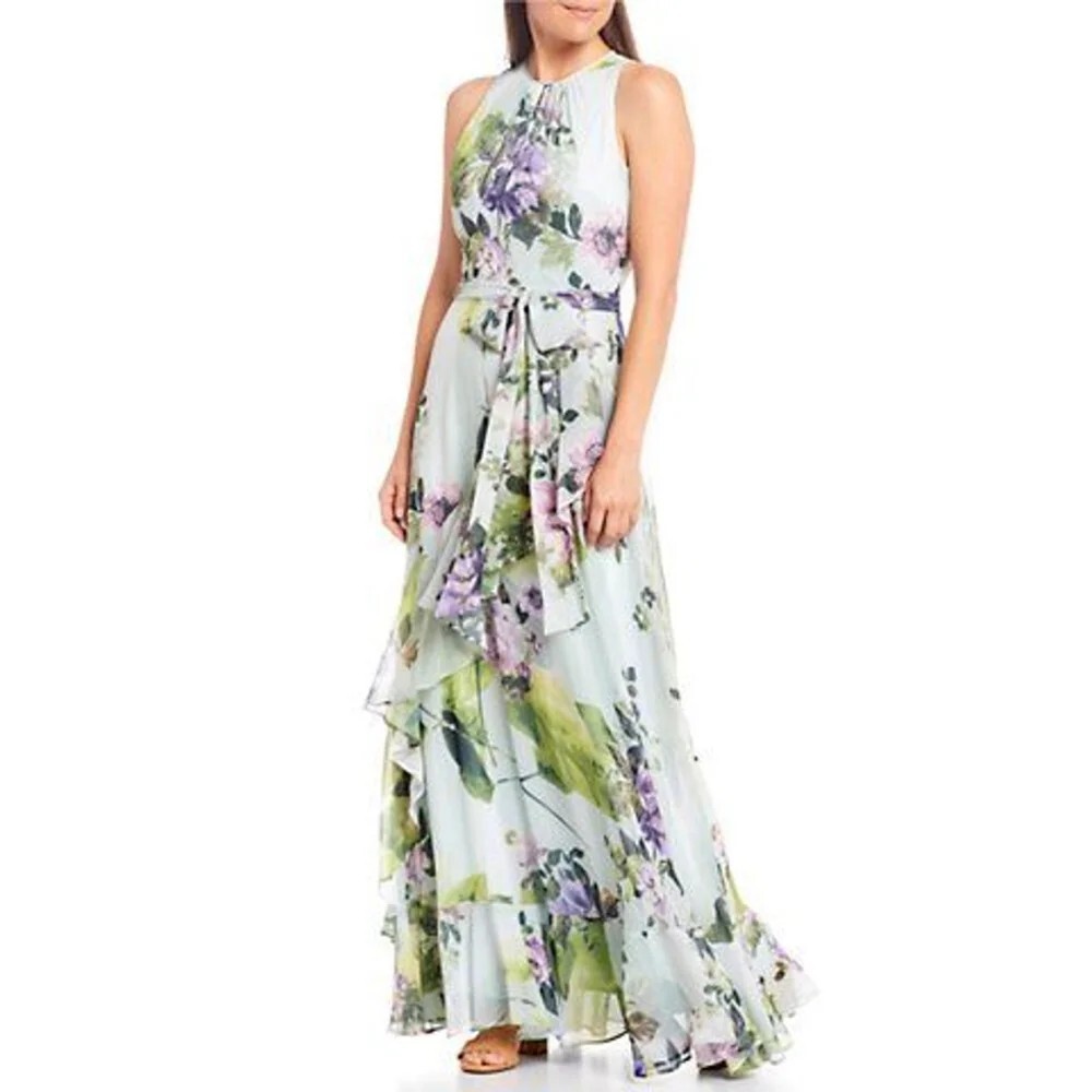 Alex Marie Colette Sleeveless Tie Waist Tiered Ruffle Hem Maxi Gown 14